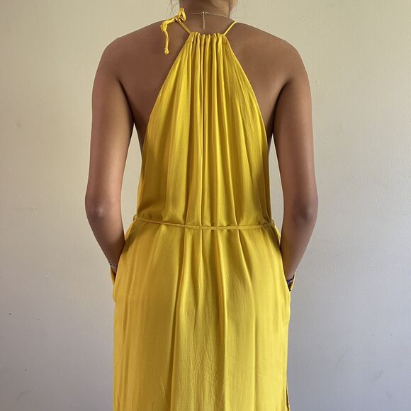 Urban Outfitters Halter Maxi Sun Dress Oversize XS Sleevless Slit Pockets Yellow - Picture 8 of 10
